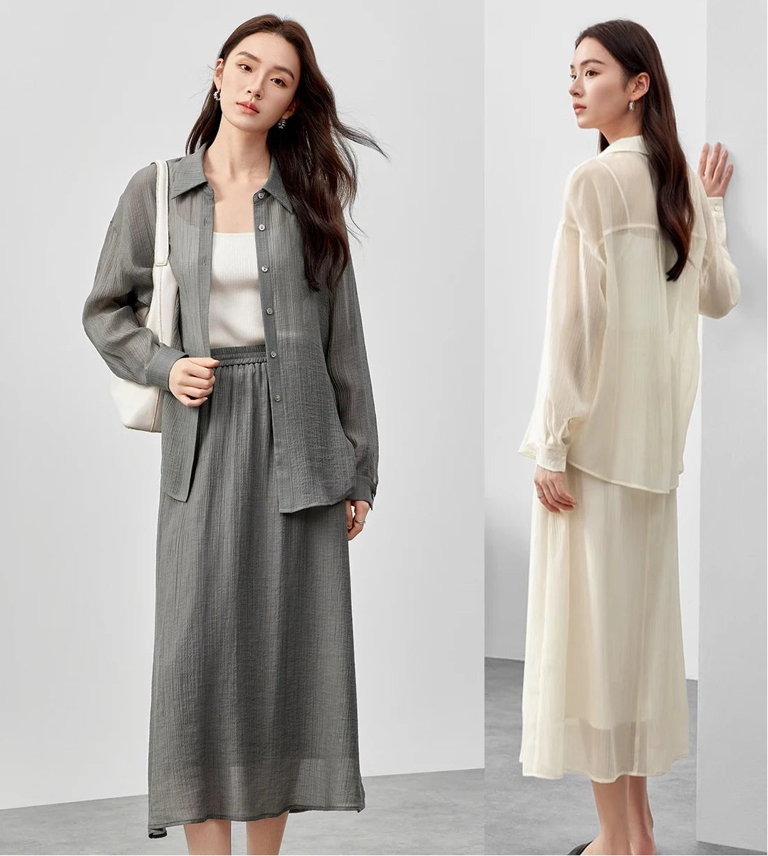 A collage of a woman presenting the lyocell two-piece set in Graphite Rain and Pollen Flight. — From Borcelleclothes.