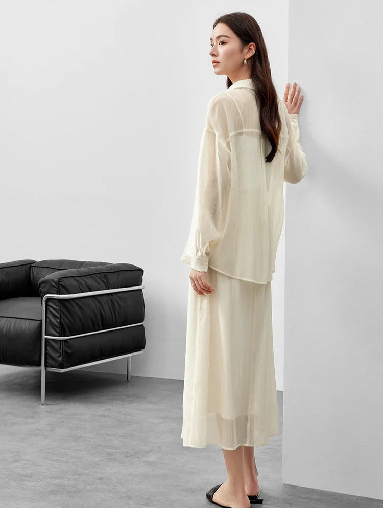 Rear view of a woman wearing a semi-sheer pollen flight lyocell two-piece set. — From Borcelleclothes.