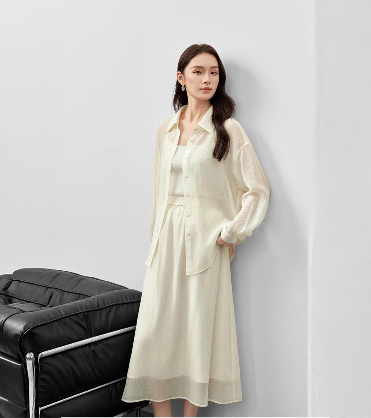 Women's semi-sheer lyocell two piece set in Pollen Flight color. Crinkled texture, fluid silhouette. — From Borcelleclothes.
