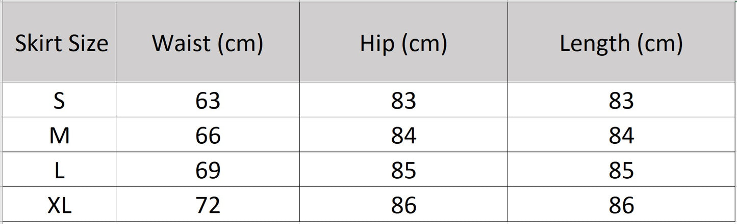 Size chart for the women’s semi-sheer lyocell skirt. — From Borcelleclothes.