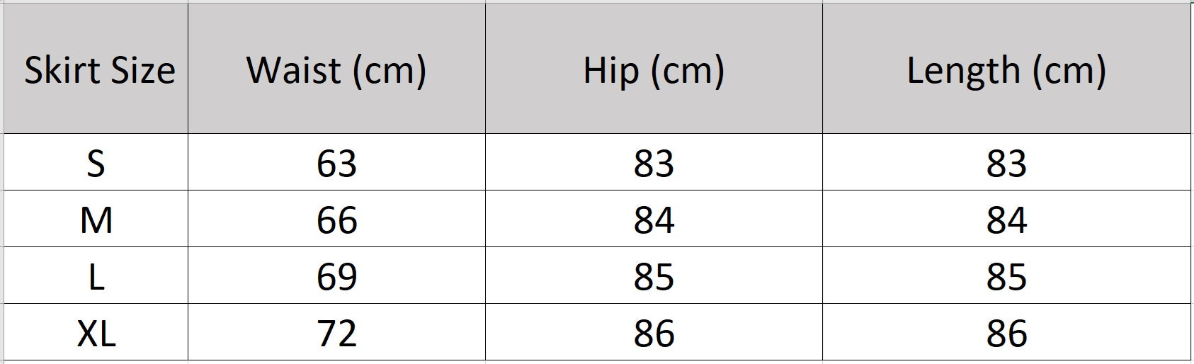 Size chart for the women’s semi-sheer lyocell skirt. — From Borcelleclothes.