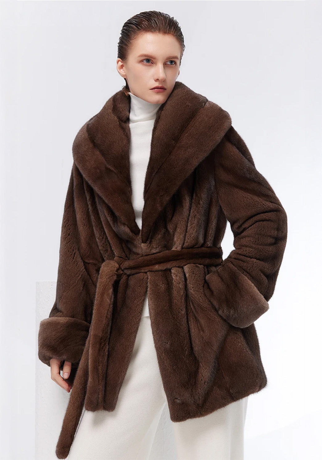 Model in Eclipse sheared mink coat with shawl collar, hand placed in pocket — From Borcelleclothes.