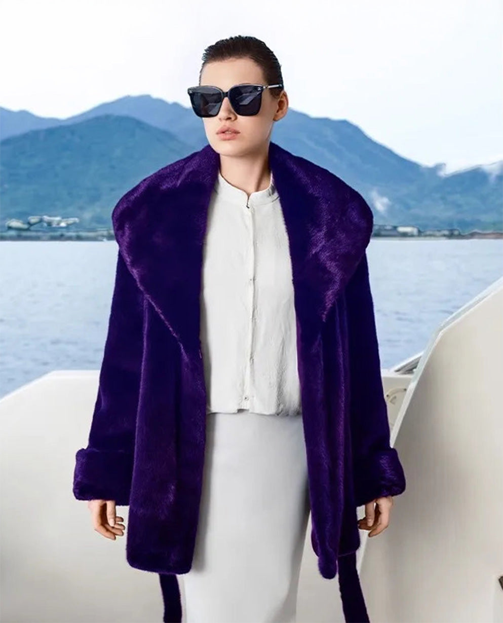 Women's sheared mink coat with wide shawl collar and self-tie belt, shown in Night's Pride. — From Borcelleclothes.