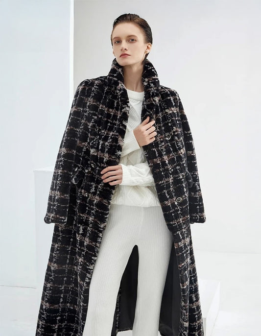 Women's mid-calf sheared mink coat, featuring a hand-dyed abstract plaid. Double-breasted cut with notch lapels, waist flaps, and back belt. — From Borcelleclothes.