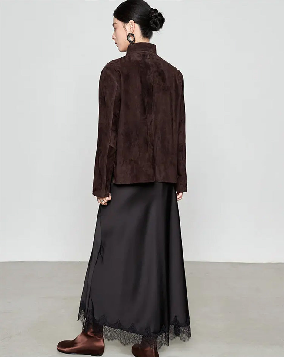 Full back view of the sheepskin suede jacket in Comfortable Wenge, displaying the smooth suede texture and clean structural seams — From Borcelleclothes.