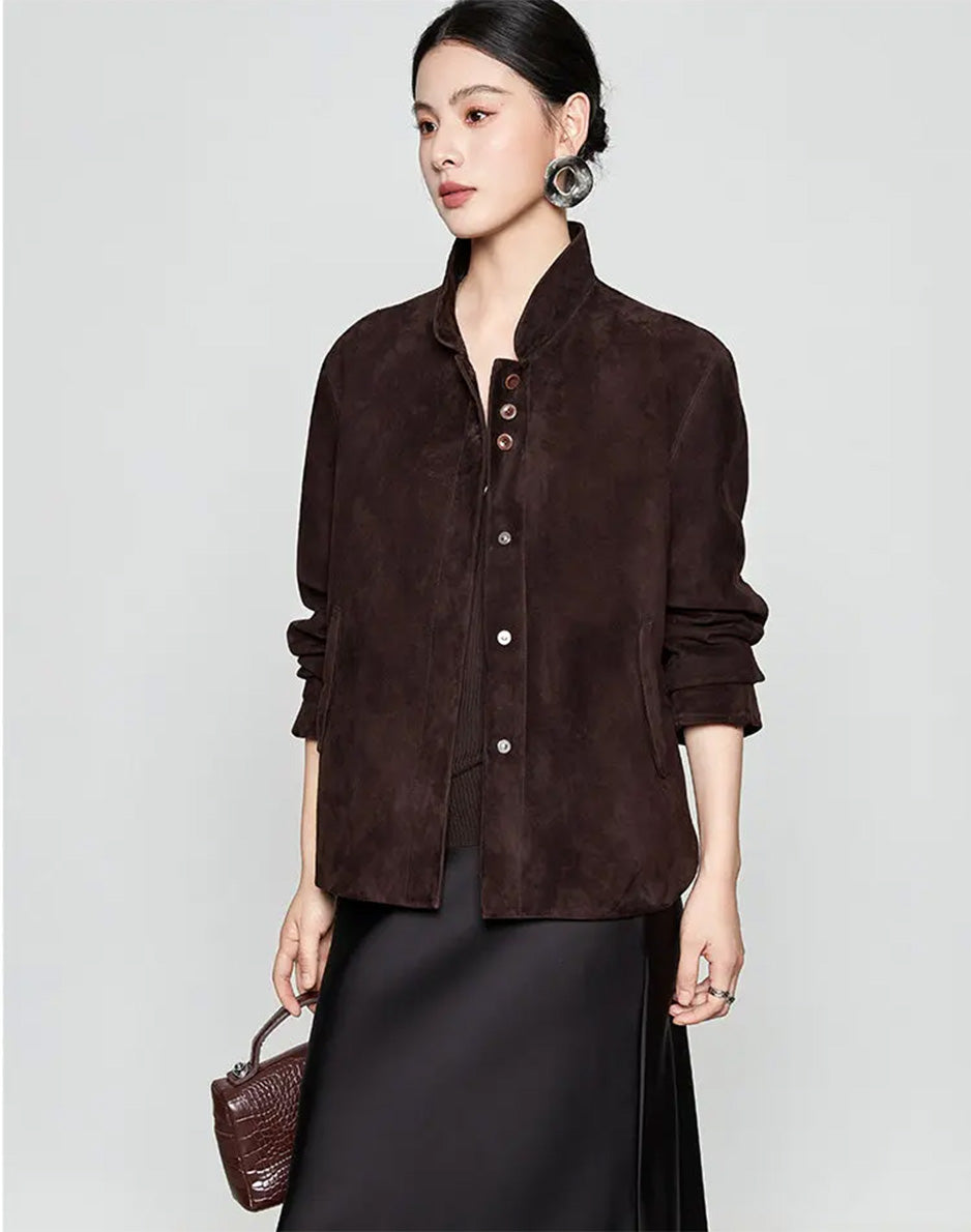 Slight three-quarter view of the Comfortable Wenge suede jacket, highlighting the straight silhouette and rich dark tone — From Borcelleclothes.