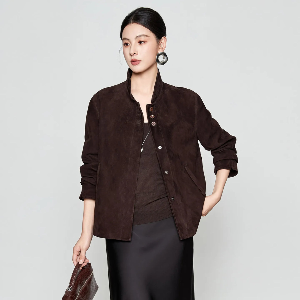 Women's Full-Grain Sheepskin Suede Jacket in Comfortable Wenge. Features a powder-soft nap, straight silhouette, mandarin collar, and concealed snaps. — From Borcelleclothes.