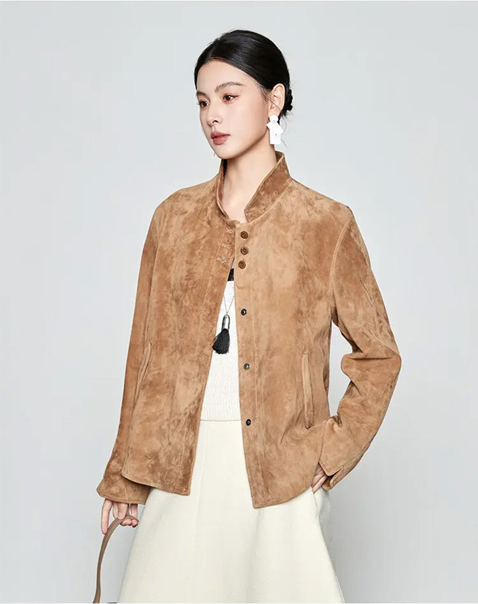 Three-quarter side view of the sheepskin suede jacket in Moiré Trace, highlighting the dropped shoulders and clean front placket — From Borcelleclothes.