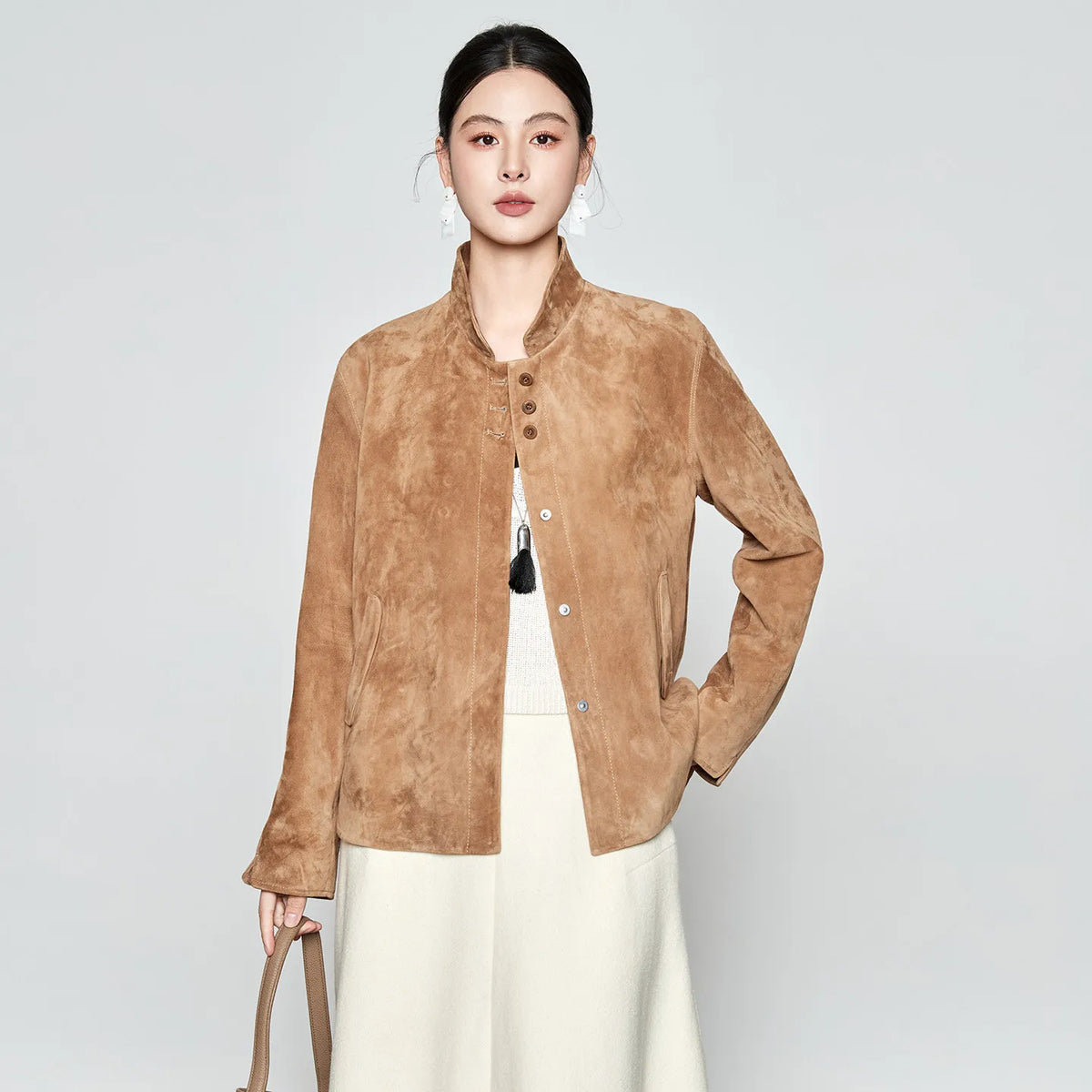 Women's Full-Grain Sheepskin Suede Jacket in Moiré Trace. Features a powder-soft nap, straight silhouette, mandarin collar, and concealed snaps. — From Borcelleclothes.