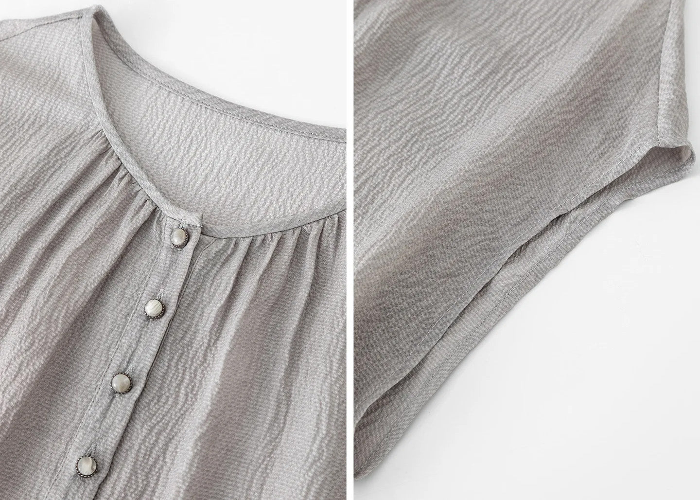 Collage detailing the Henley button placket, cabochon buttons, and extended armhole seam construction. — From Borcelleclothes.