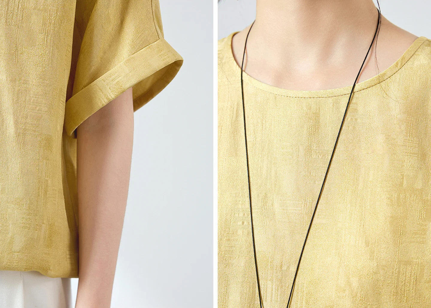 Detail collage highlighting the tailored sleeve, cuff finish, and neckline of a women's Hakea silk Sangbo jacquard blouse — From Borcelleclothes.
