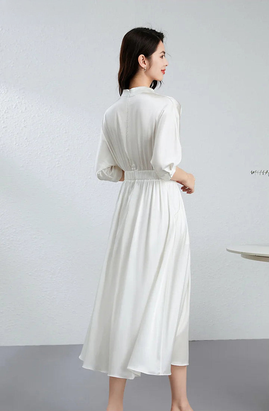 Stunning back view of the Hot Ice silk dress, showcasing the luminous 19mm satin — From Borcelleclothes.