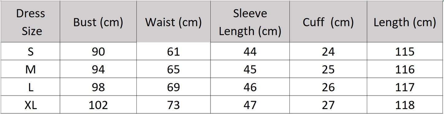 Women's size chart for a midi-length Mulberry silk satin dress with a stand-up collar, V-neckline, and elegant pleated waist detail. — From Borcelleclothes.
