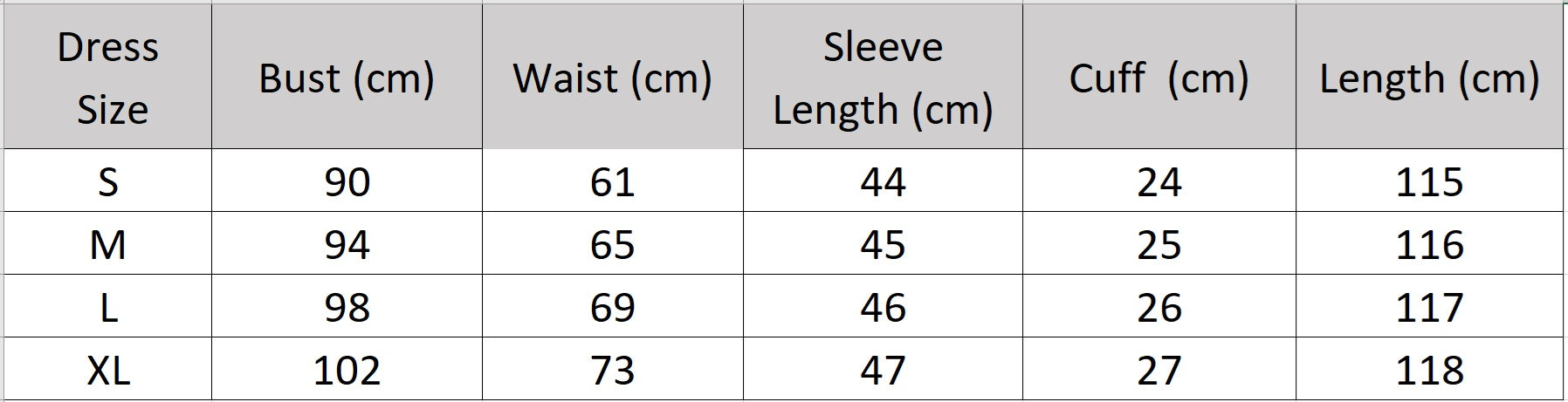 Women's size chart for a midi-length Mulberry silk satin dress with a stand-up collar, V-neckline, and elegant pleated waist detail. — From Borcelleclothes.