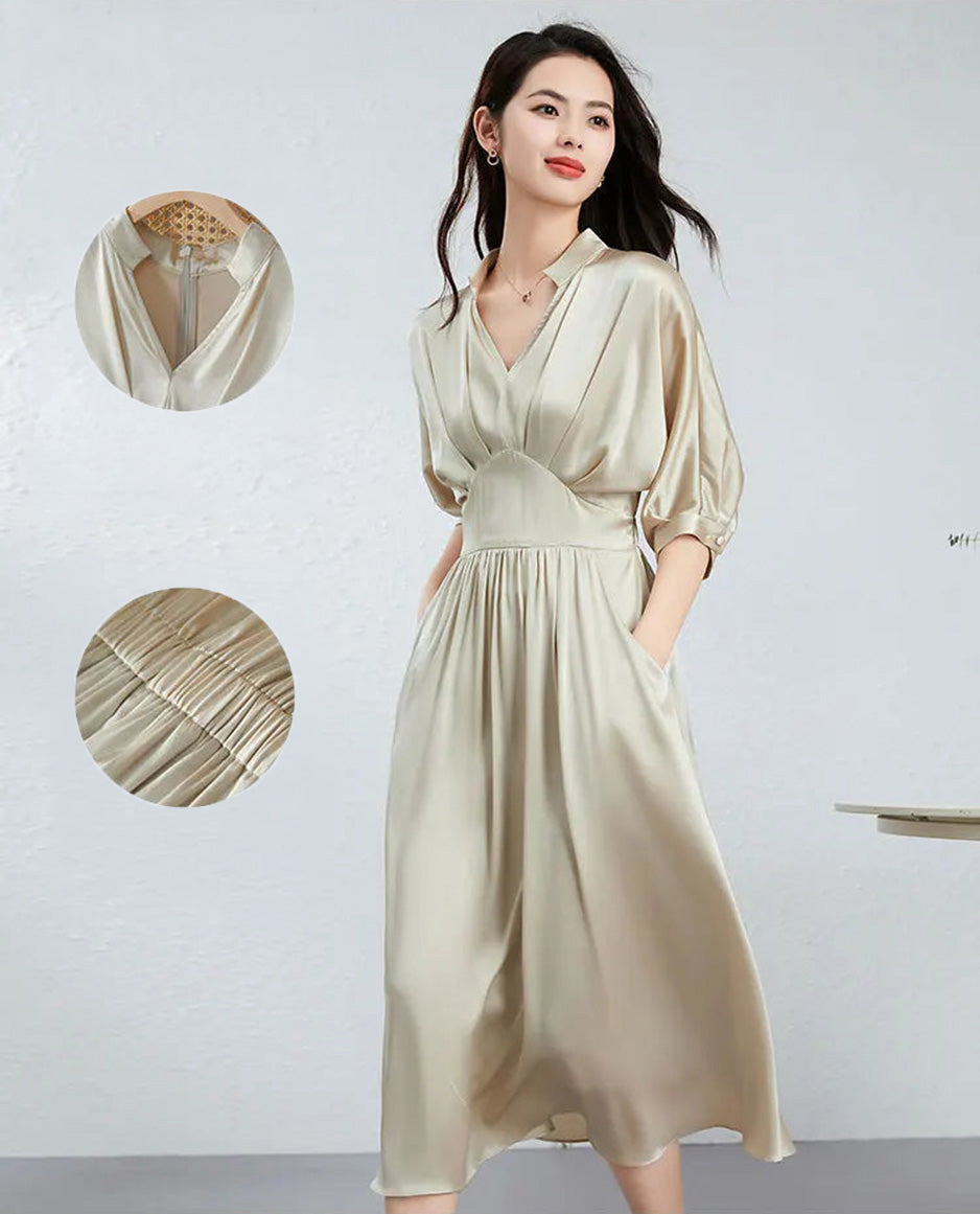 Collage showing a woman walking, detailing the V-neckline and the elasticated back casing — From Borcelleclothes.