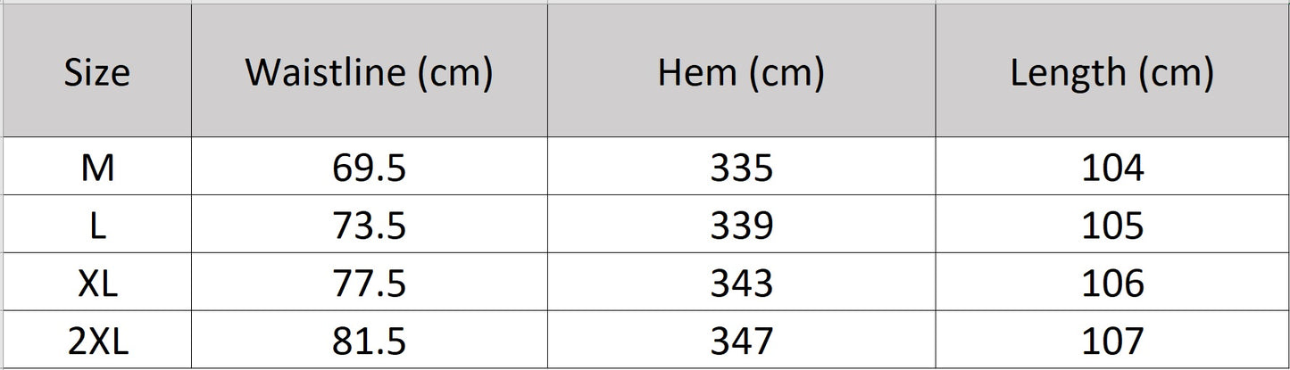 Women's size chart for a heavyweight 6A Grade Mulberry Silk skirt in Wandering River, featuring a sculptural arched inset panel construction and an innovative, geometric tiered facing. — From Borcelleclothes.