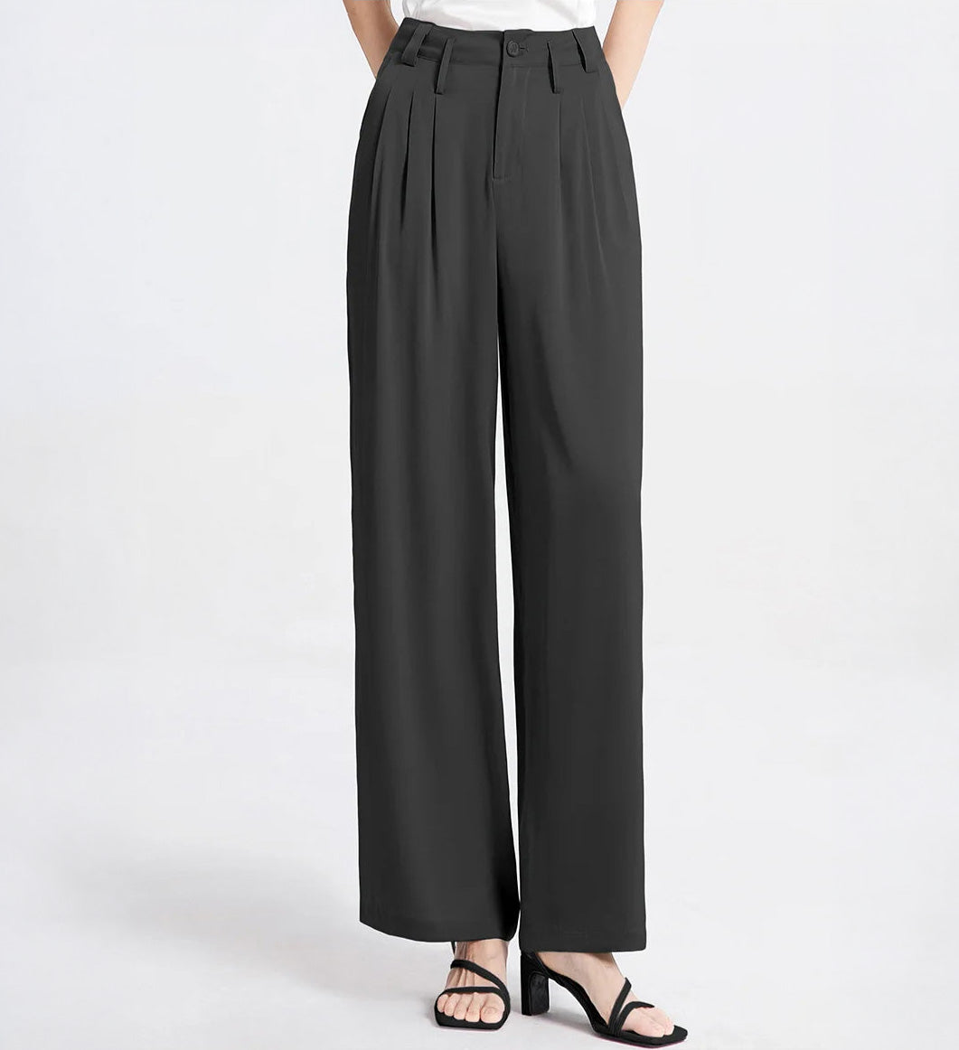 Women's wide-leg Mulberry silk trousers in Beyond Status, featuring six front pleats, dual-level belt loops, and back flap pockets. — From Borcelleclothes.