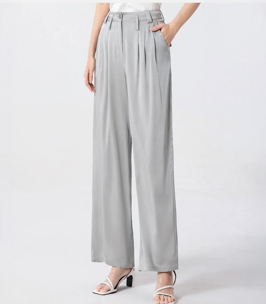 Women's wide-leg Mulberry silk trousers in Gray Matters, featuring six front pleats, dual-level belt loops, and back flap pockets. — From Borcelleclothes.