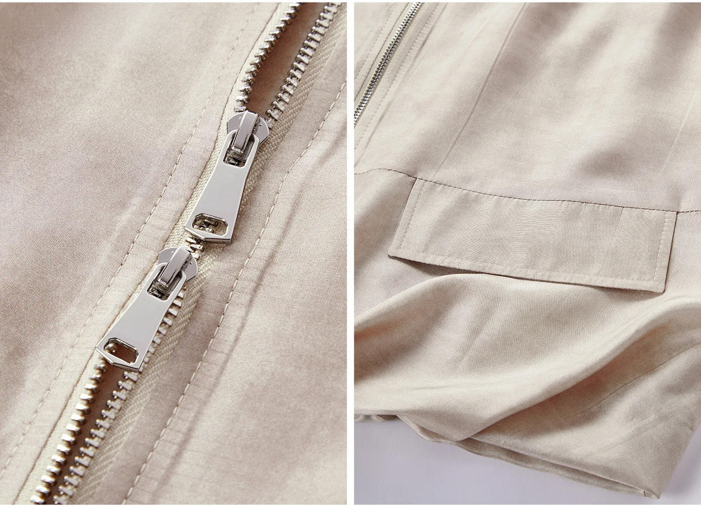 Detail collage showing the two-way zipper pullers and integrated front flap accents in Whispering Wind — From Borcelleclothes.