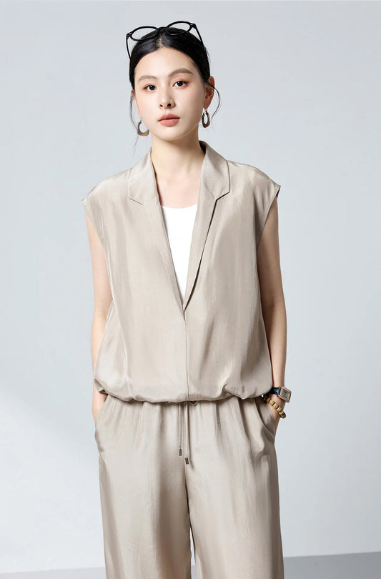 Model styled in Morning Draft layered Mulberry silk blouse with hands in pockets of matching silk pants — From Borcelleclothes.