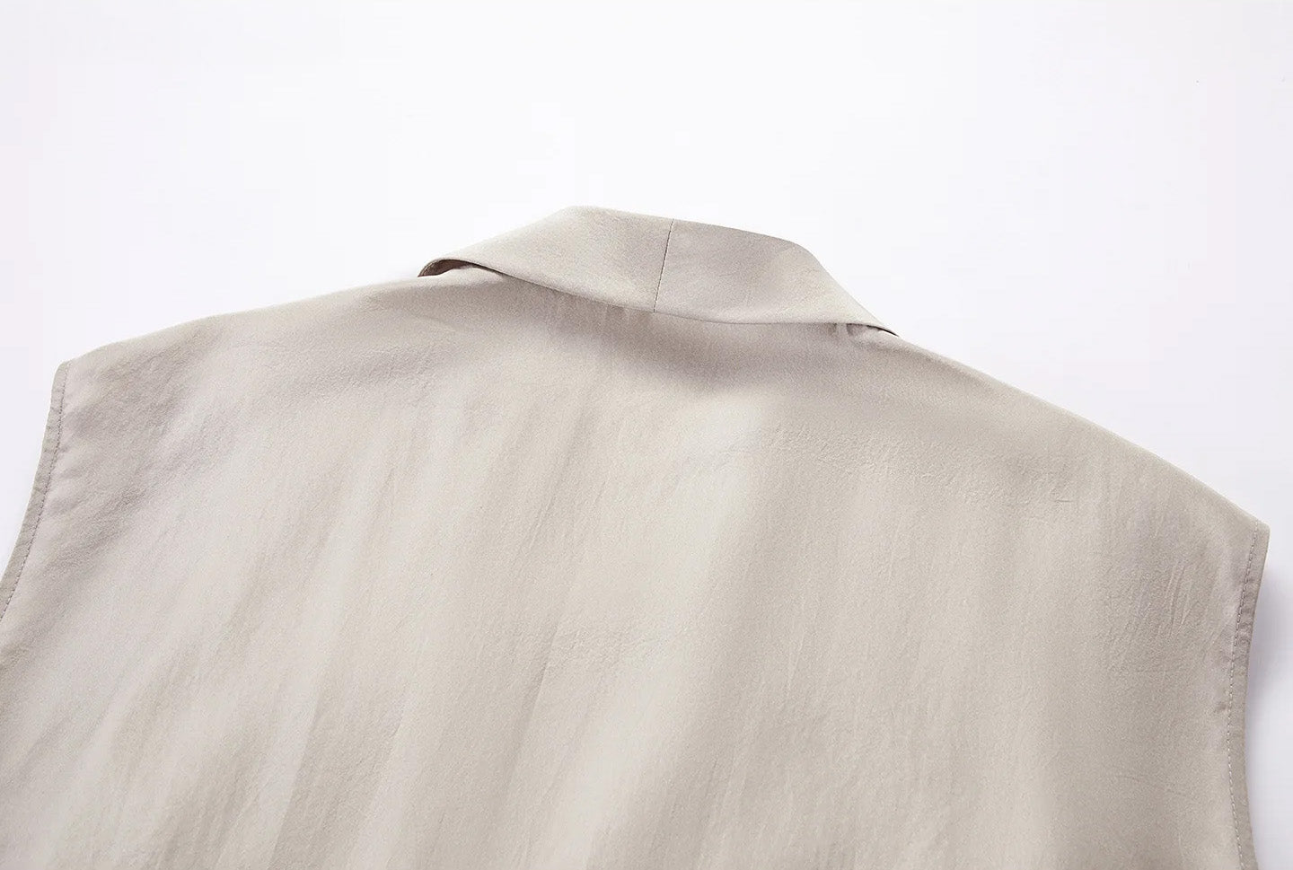 Close-up of back collar tailoring and smooth upper back drape on Morning Draft Mulberry silk blouse — From Borcelleclothes.
