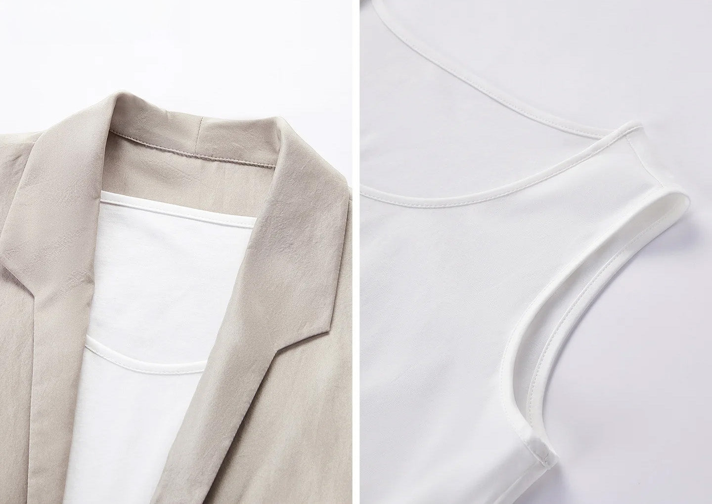 Detail collage showing the stepped collar construction and integrated white tank top layer in Morning Draft — From Borcelleclothes.