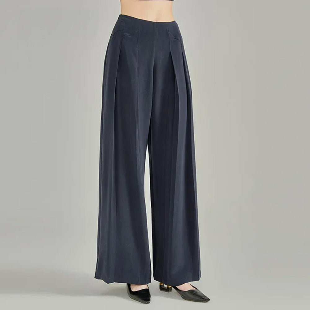 Women's Floor-length Mulberry sandwashed silk crepe trousers in Dark Eyes color, featuring integrated pleats at both front and back below stepped side yokes. — From Borcelleclothes.