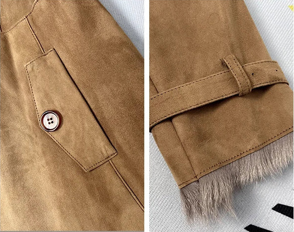 Collage showing flap pocket and cuff details of the Gold Ransom coat — From Borcelleclothes.
