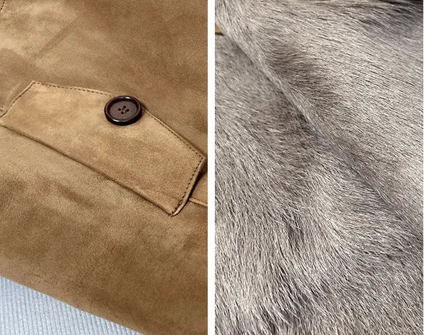 Close-up collage of flap pocket and visible wool inside the goatskin coat — From Borcelleclothes.