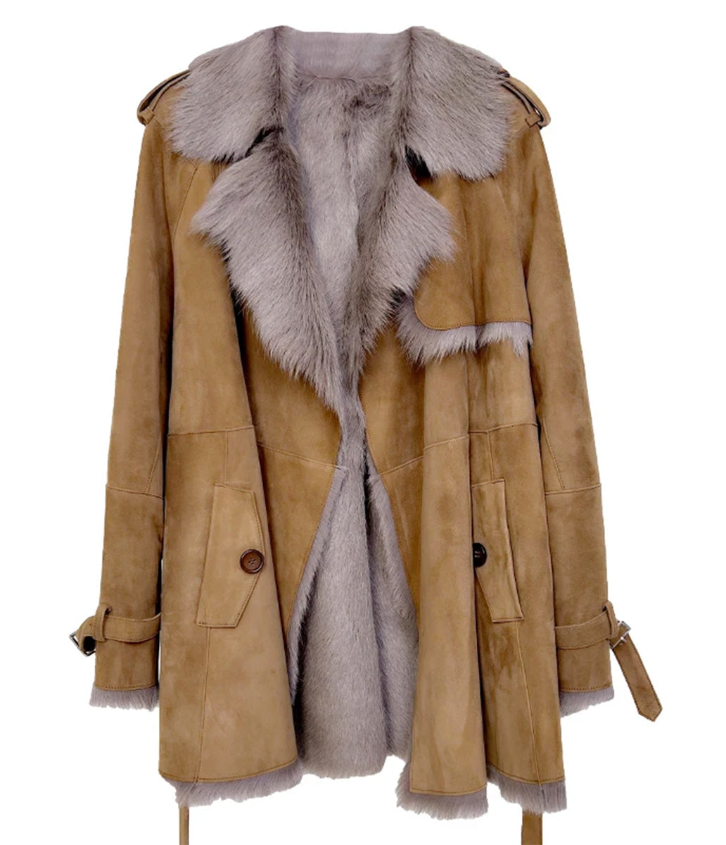 Front view of storm flap goatskin coat in dusty gold — From Borcelleclothes.