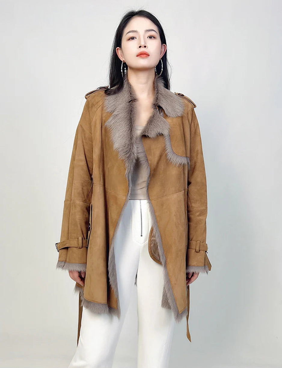 Gold Ransom coat worn open, model looking straight — From Borcelleclothes.