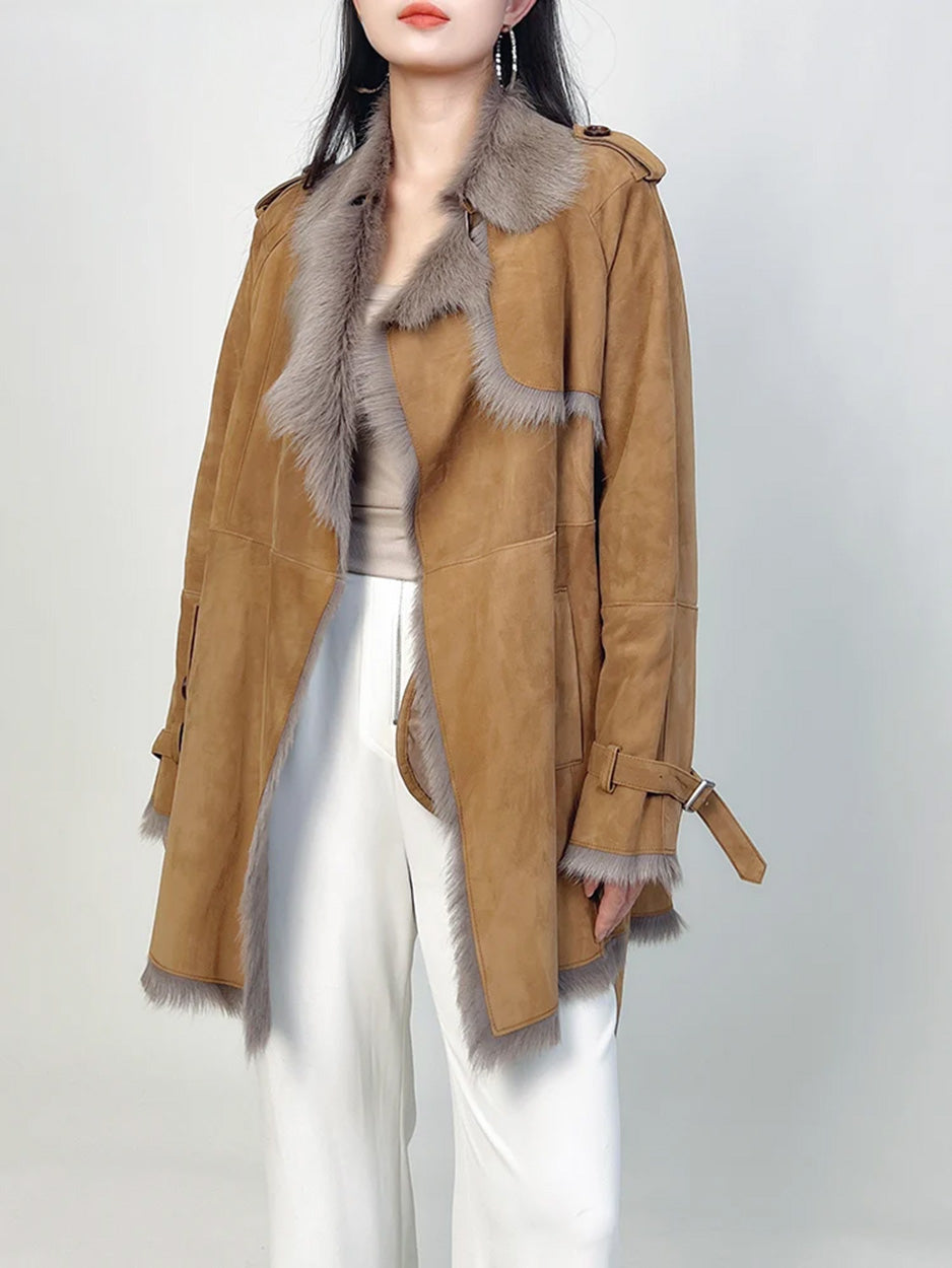 Model standing straight in unfastened Gold Ransom coat — From Borcelleclothes.