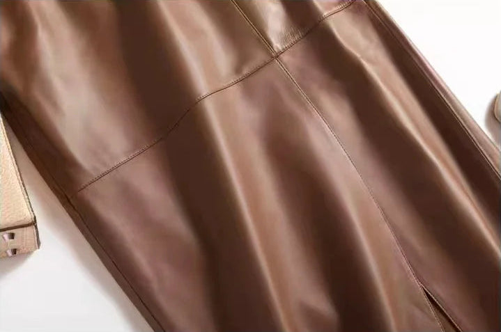 Middle section of a straight sheepskin skirt in Bay Grace showing the rectangular leather patchwork panels — From Borcelleclothes.