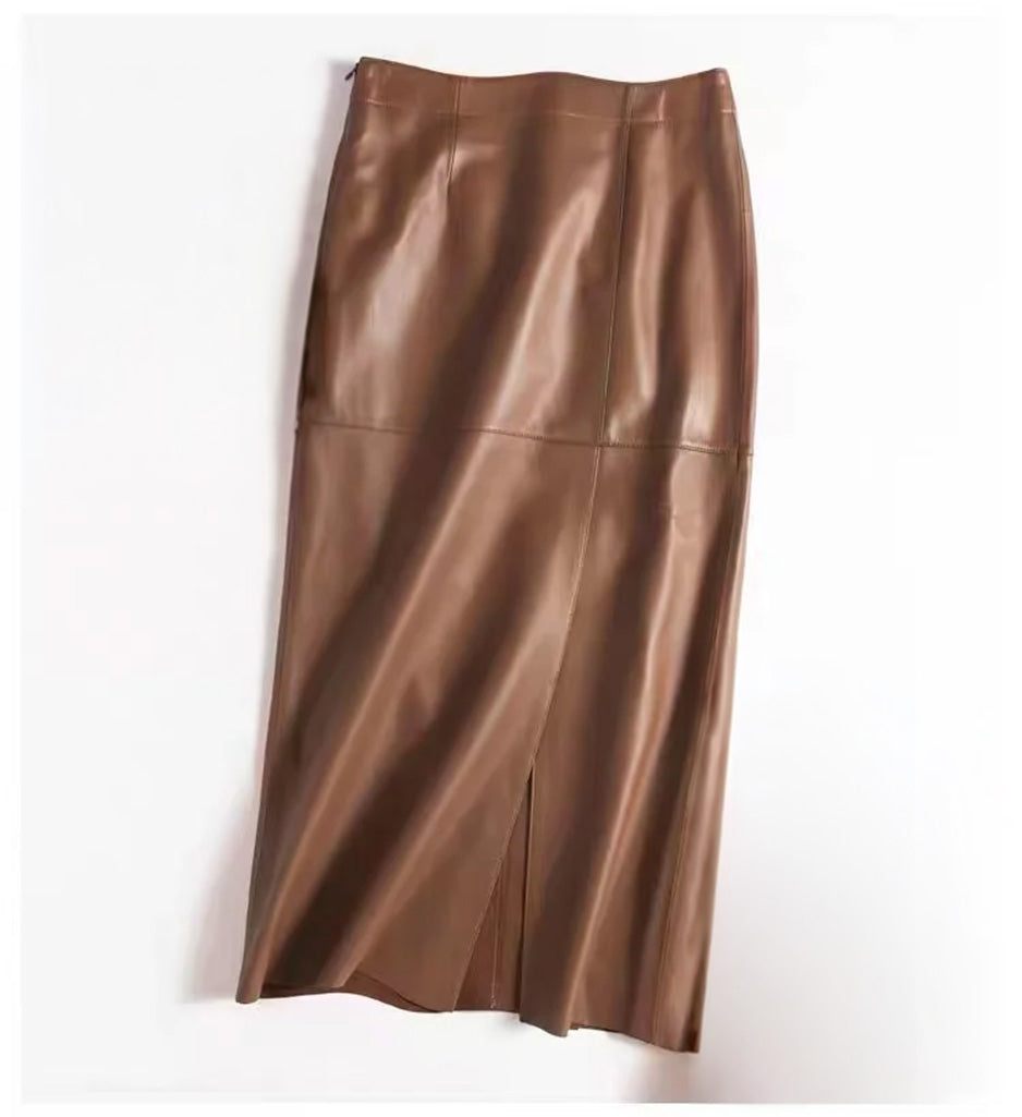 Women's straight silhouette, genuine sheepskin midi skirt in Bay Grace, featuring an asymmetric front slit and invisible back zipper.  — From Borcelleclothes.