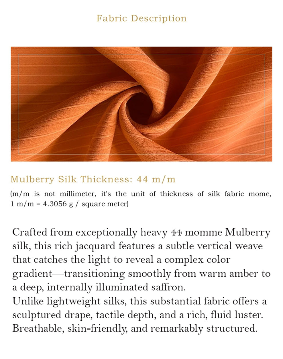 Close-up of heavy 44 momme Mulberry silk striped jacquard fabric in Fragrant Cloud orange showing its rich textured weave — From Borcelleclothes.