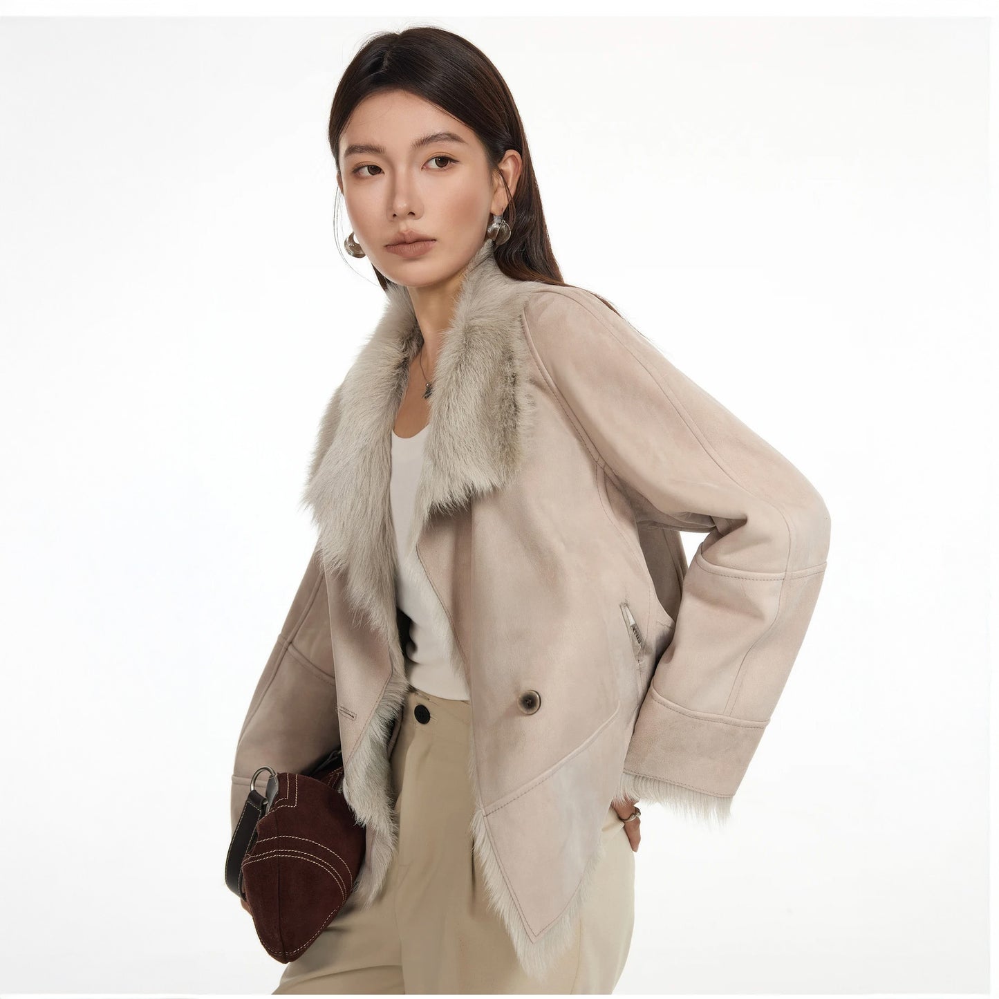 Women's Suede-faced goatskin jacket with convertible collar and horn buttons, shown in Fond Memory. — From Borcelleclothes.