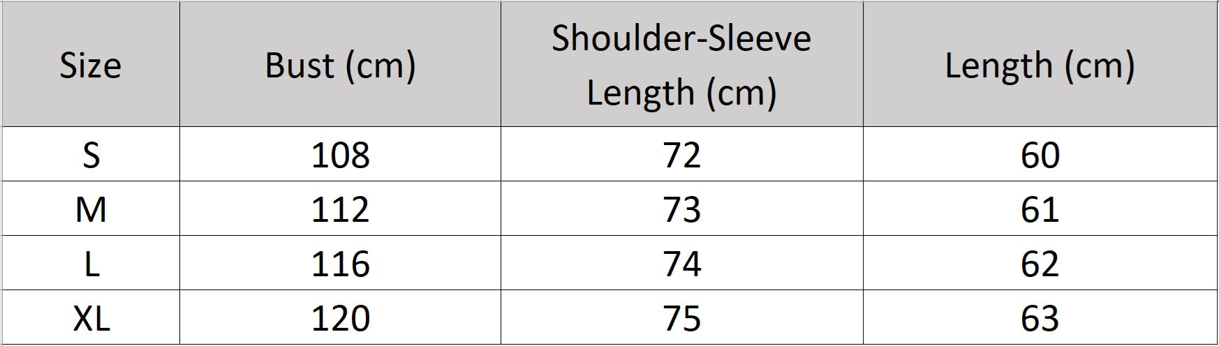 Women's size chart for a Suede-faced goatskin jacket with convertible collar and horn buttons. — From Borcelleclothes.