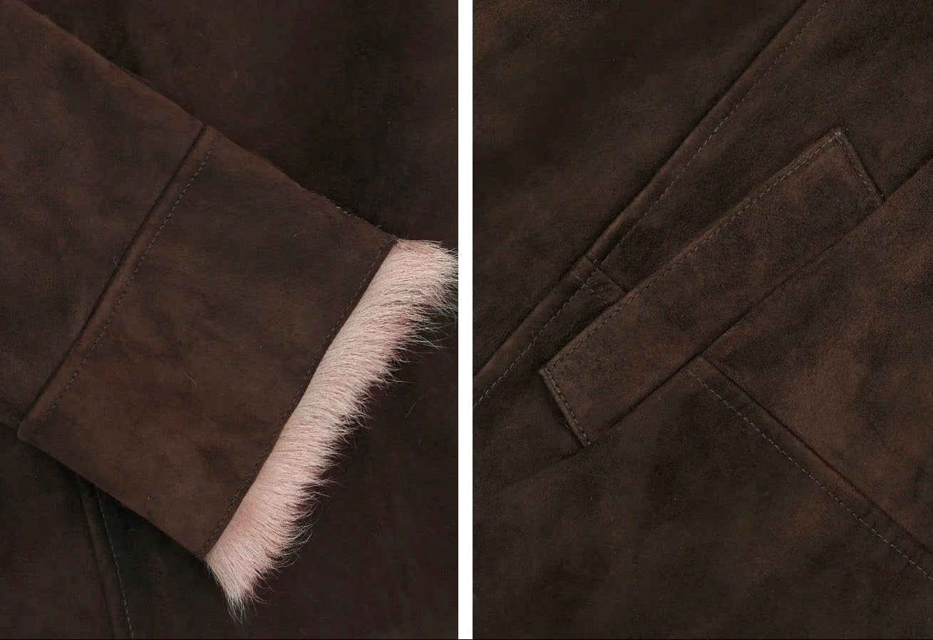 Collage showing cuff and side pocket details of suede-faced goatskin jacket in Toorak — From Borcelleclothes.