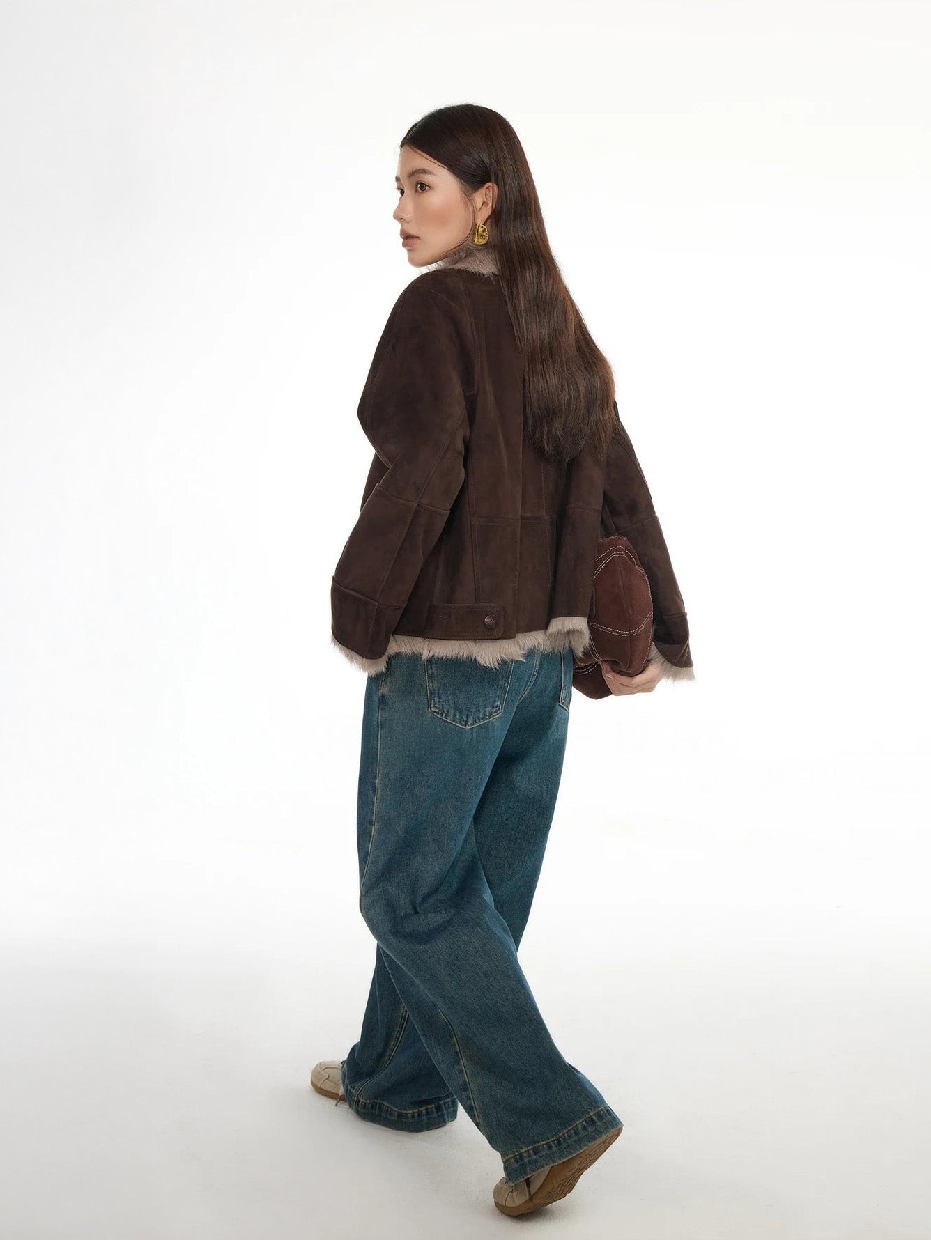 Back view of suede-faced goatskin jacket in Toorak, showing clean lines and structure — From Borcelleclothes.