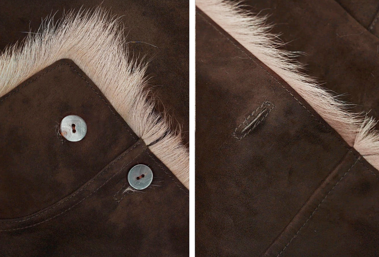 Close-up collage of upper buttons and  a buttonhole on suede-faced goatskin jacket in Toorak — From Borcelleclothes.