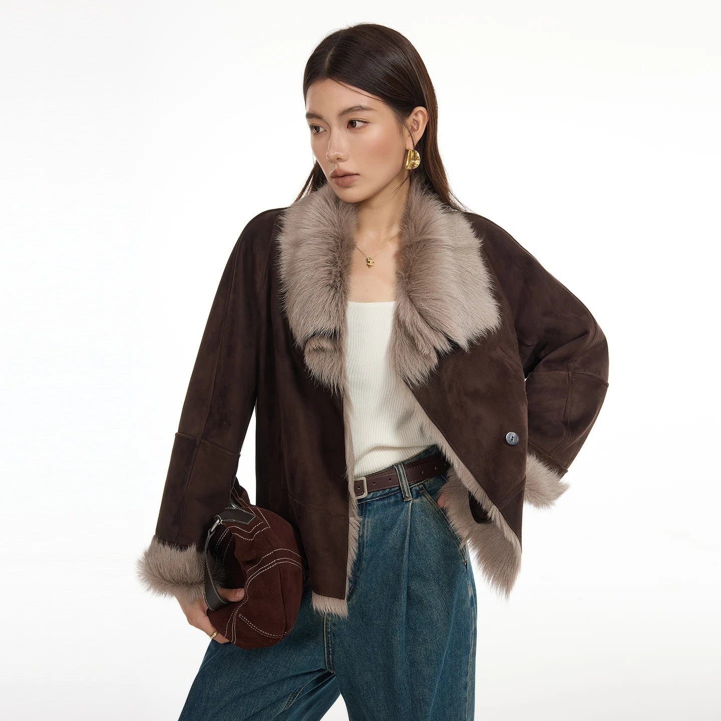 Women's Suede-faced goatskin jacket with convertible collar and horn buttons, shown in Toorak. — From Borcelleclothes.
