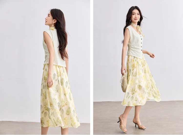 Collage of a woman walking, showing the back and side views of the Sydney Breeze botanical print ensemble — From Borcelleclothes.