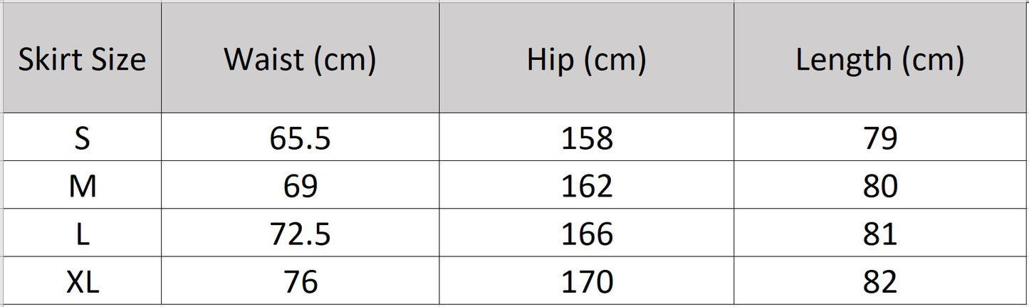 Detailed size guide for the Sydney Breeze Lyocell chiffon skirt with fixed waistband and length specifications — From Borcelleclothes.
