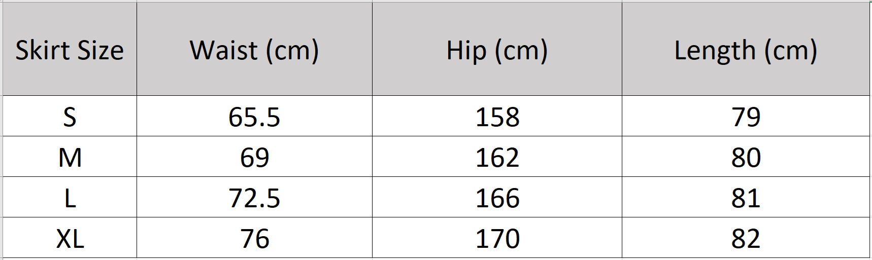 Detailed size guide for the Sydney Breeze Lyocell chiffon skirt with fixed waistband and length specifications — From Borcelleclothes.