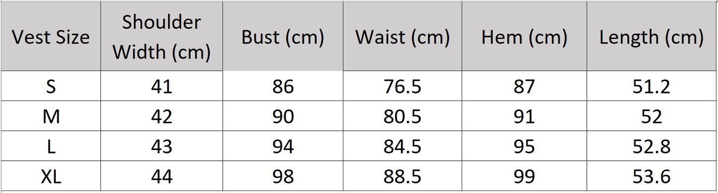Technical size chart for the Sydney Breeze tailored viscose vest with measurements for a perfect fit — From Borcelleclothes.
