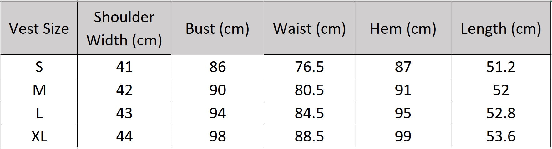 Technical size chart for the Sydney Breeze tailored viscose vest with measurements for a perfect fit — From Borcelleclothes.