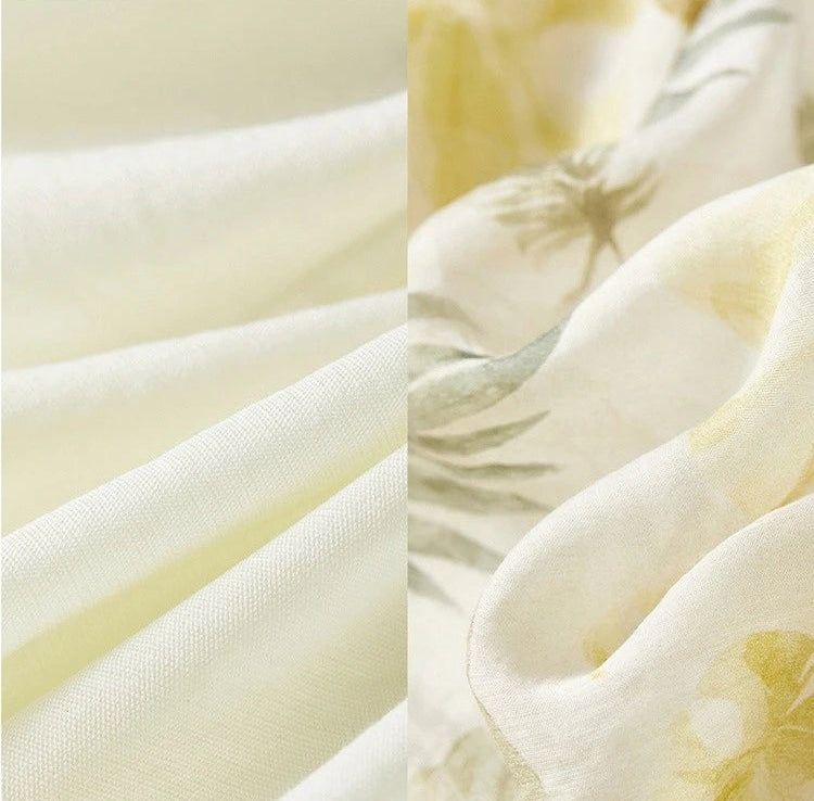 Fabric texture collage showing the fine basketweave of the viscose vest and the sheer Lyocell chiffon of the skirt — From Borcelleclothes.