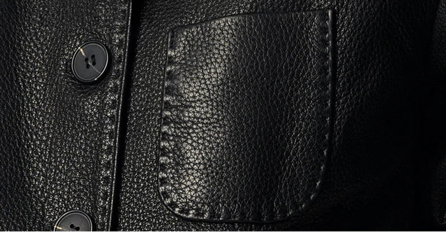 Macro detail of the left chest patch pocket on pebbled goatskin leather — From Borcelleclothes.