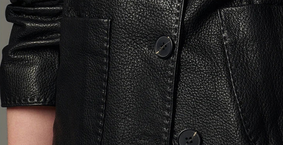 Close-up of the lower front patch pockets with rounded corners and topstitched edges — From Borcelleclothes.