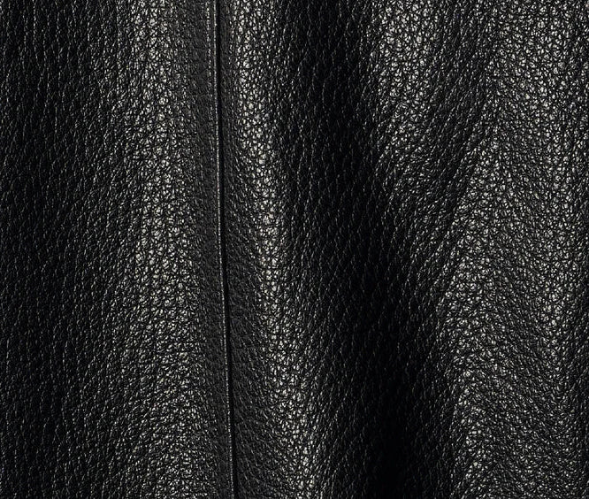Close-up of the natural drum-milled pebble grain texture on the goatskin jacket in Calculated Tension — From Borcelleclothes.